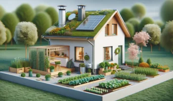 Une maison écologique et cosy avec un petit jardin composé de plantes indigènes et un petit potager, illustrant l'équilibre entre la vie écologique