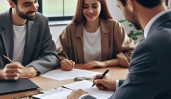 Un jeune couple signe sa première vente immobilière chez le notaire