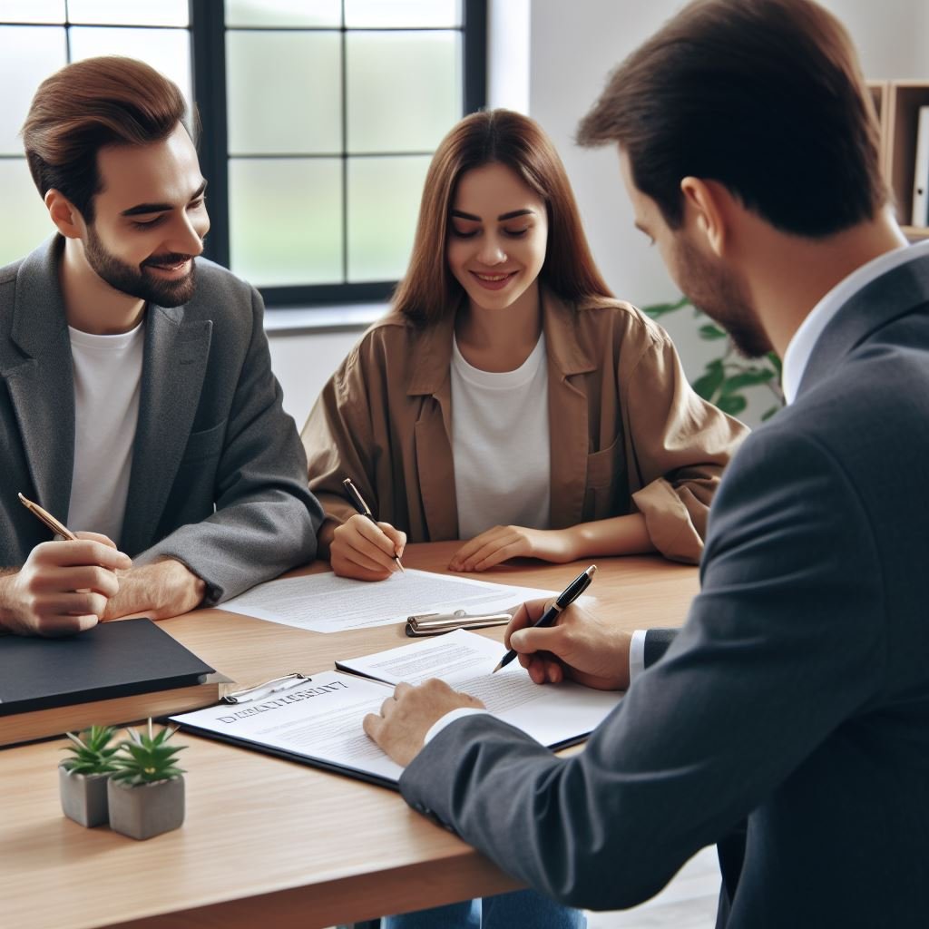 Un jeune couple signe sa première vente immobilière chez le notaire