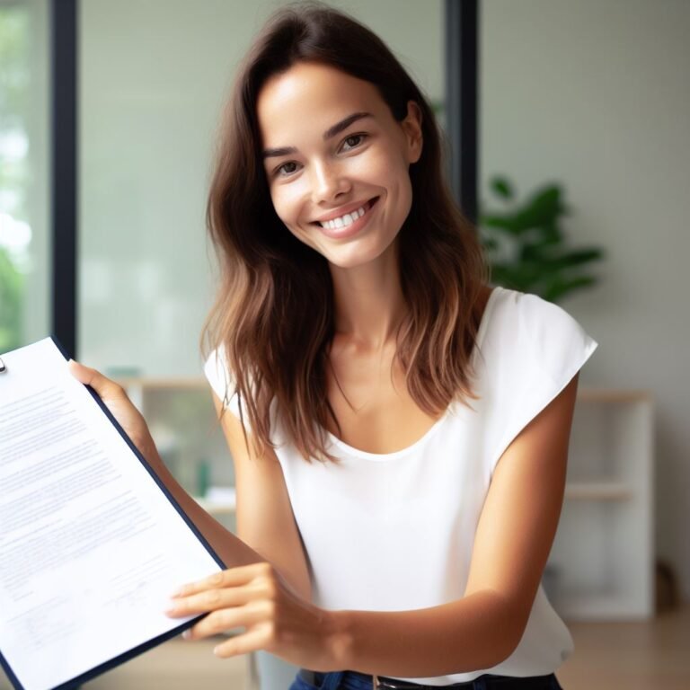 Une jeune propriétaire vient de vendre son appartement avec l'aide de Guide complet pour maitriser la vente de votre bien immobilier et montre son compromis de vente