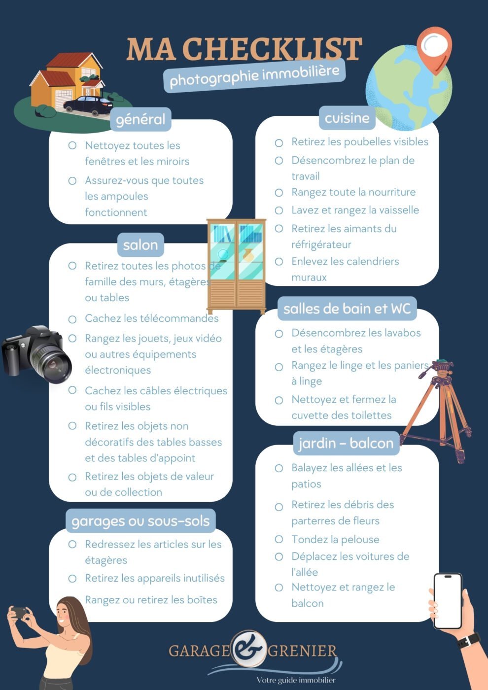 Checklist pour la photographie immobilière idéale à utiliser avant la séance d'un shooting photo immobilier. Outil essentiel pour maitriser les techniques de photo immobilière avant de rédiger une petite annonce immo pour un appartement ou maison à vendre