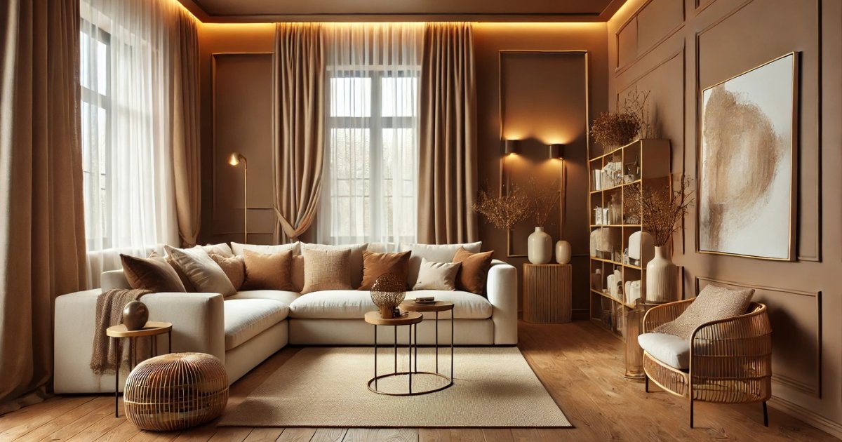 adapter le mocha mousse dans un salon Un salon chaleureux : Avec un mur d’accent Mocha Mousse, des meubles en crème et beige, et des matériaux naturels comme le bois et le rotin pour une ambiance bohème et élégante.