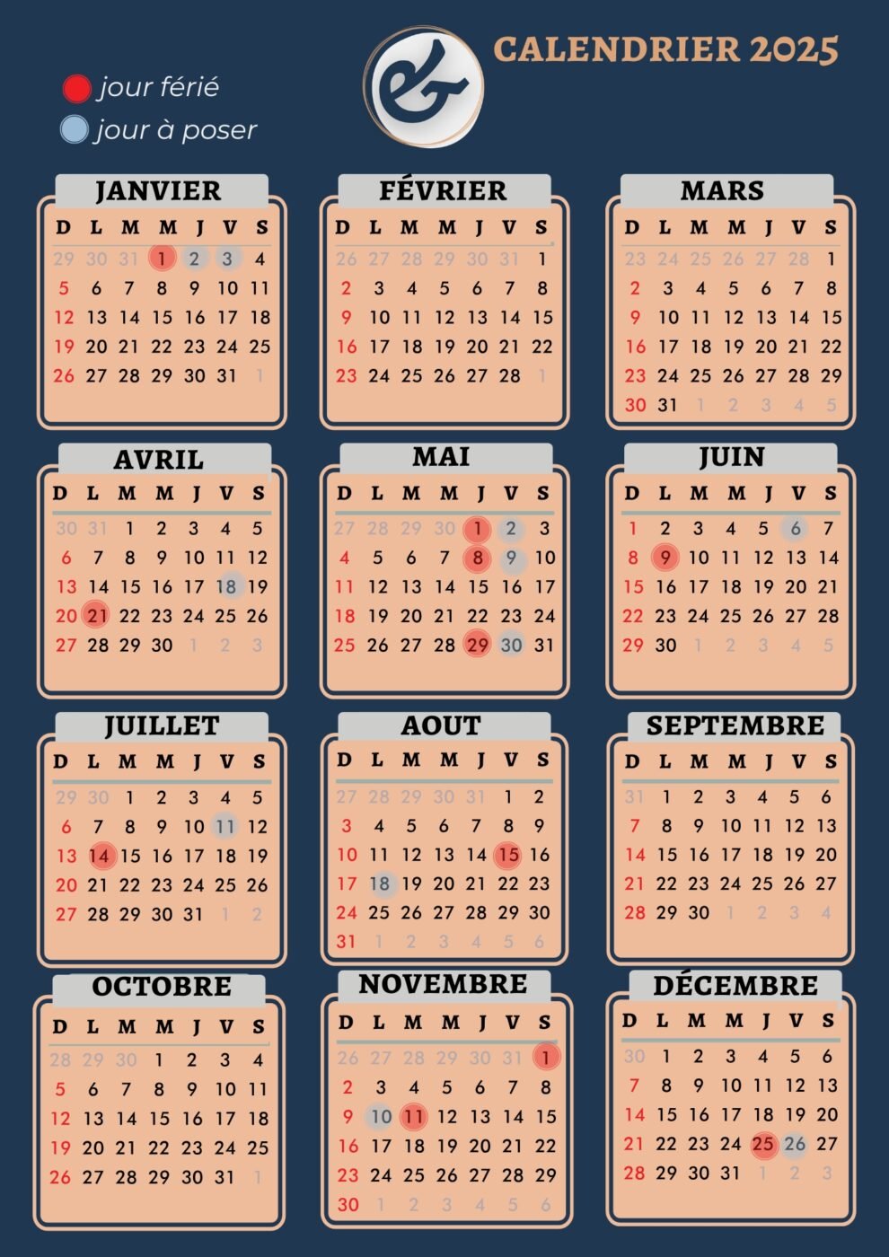 calendrier 2025 des jours fériés et des jours à poser pour des ponts et les week-ends prolongés